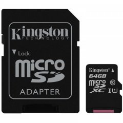 Kingston  64GB microSDXC Class 10 UHS-I 45MB/s Read Card + SD Adapter