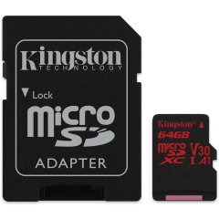 Kingston 64GB microSDXC Canvas React  100R/80W U3 UHS-I V30 A1 Card + SD Adptr EAN: 740617276183