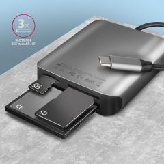 Aluminum high-speed USB-C 3.2 Gen 1 memory card reader. 3 slots