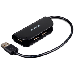 Handy four-port USB 2.0 hub with a permanently connected USB cable. Black.